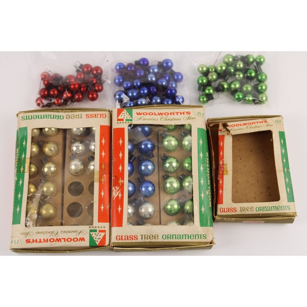 106 VTG Mercury Glass Mini Feather Tree Christmas Ball Ornaments in Box JAPAN